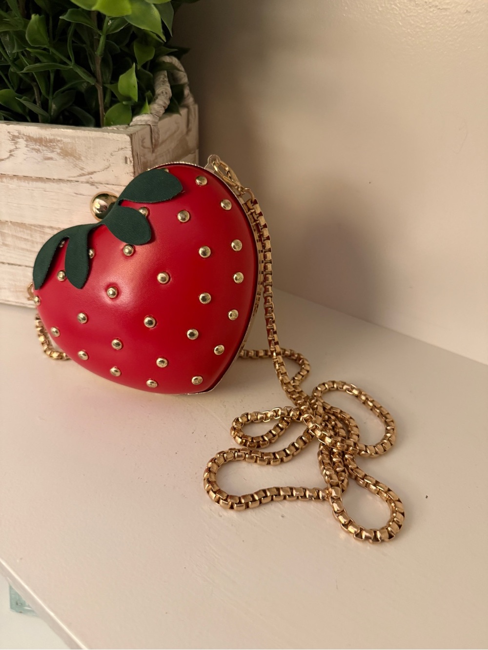 Strawberry Heart Shaped Novelty Crossbody Purse Red Gold Chain Studded